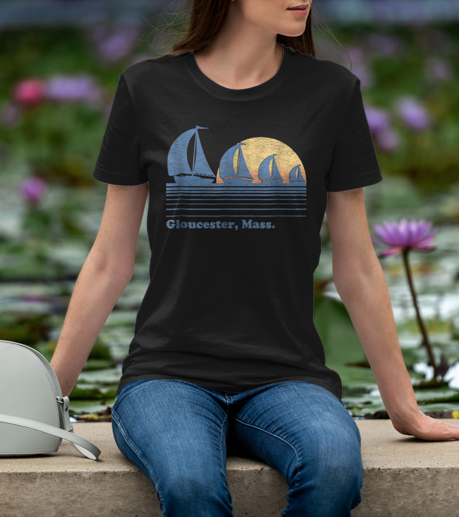 Gloucester Mass Vintage Sailboats And Sunset Scene T-Shirt