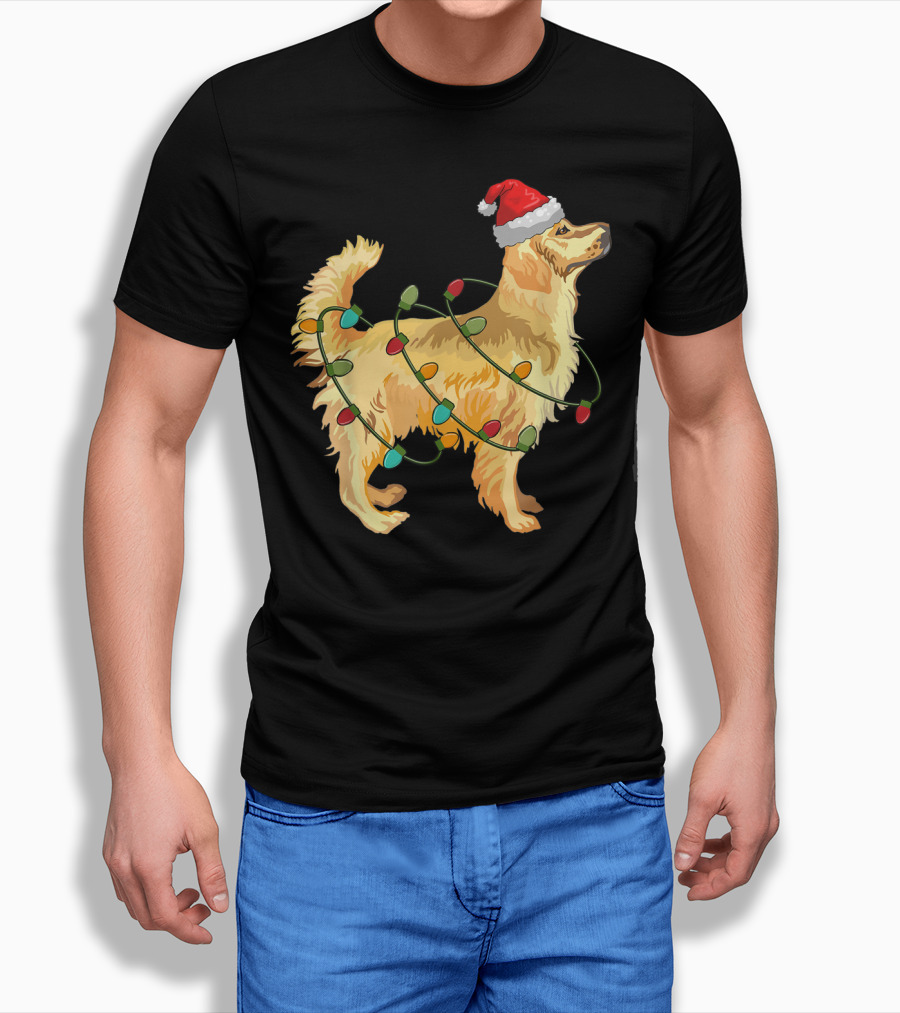 Golden Retriever with Christmas Lights and Santa Hat T-Shirt