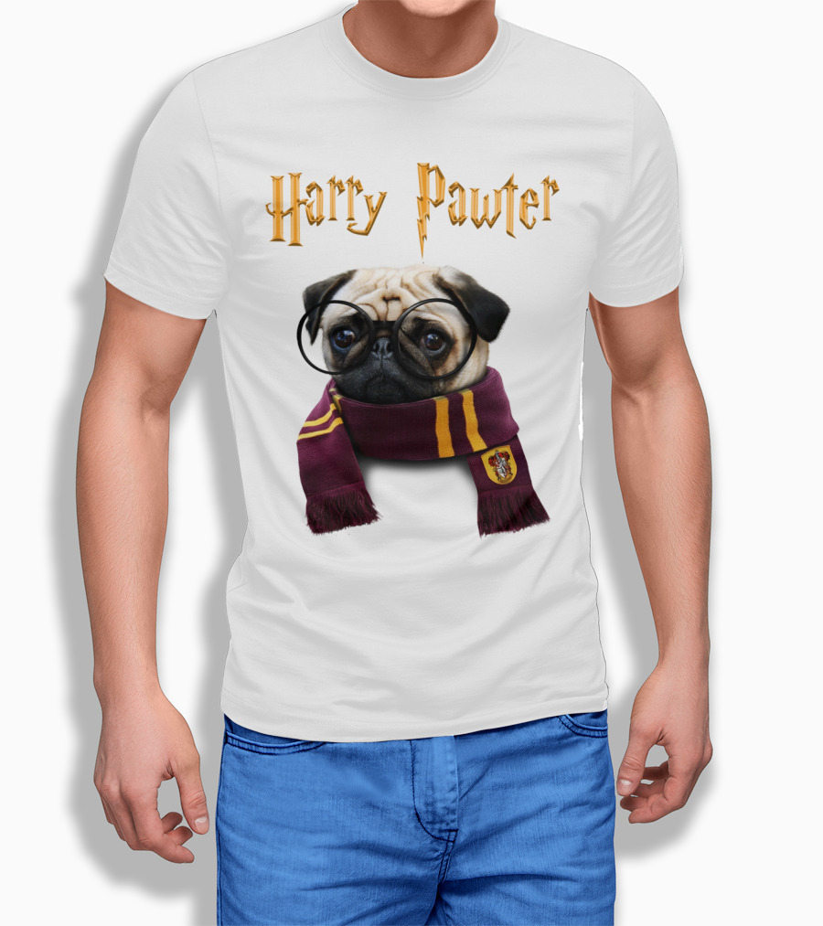 Harry Pawter Cute Puggy Dogs Potte Pups Wizard Pug With Glasses and Scarf T-Shirt
