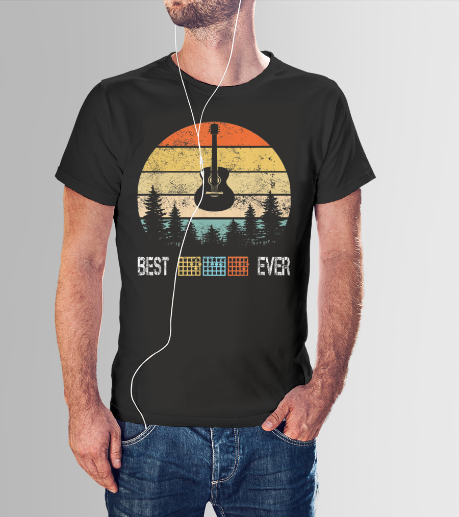 Best Guitar Chords Dad Ever Retro Sunset Forest T-Shirt