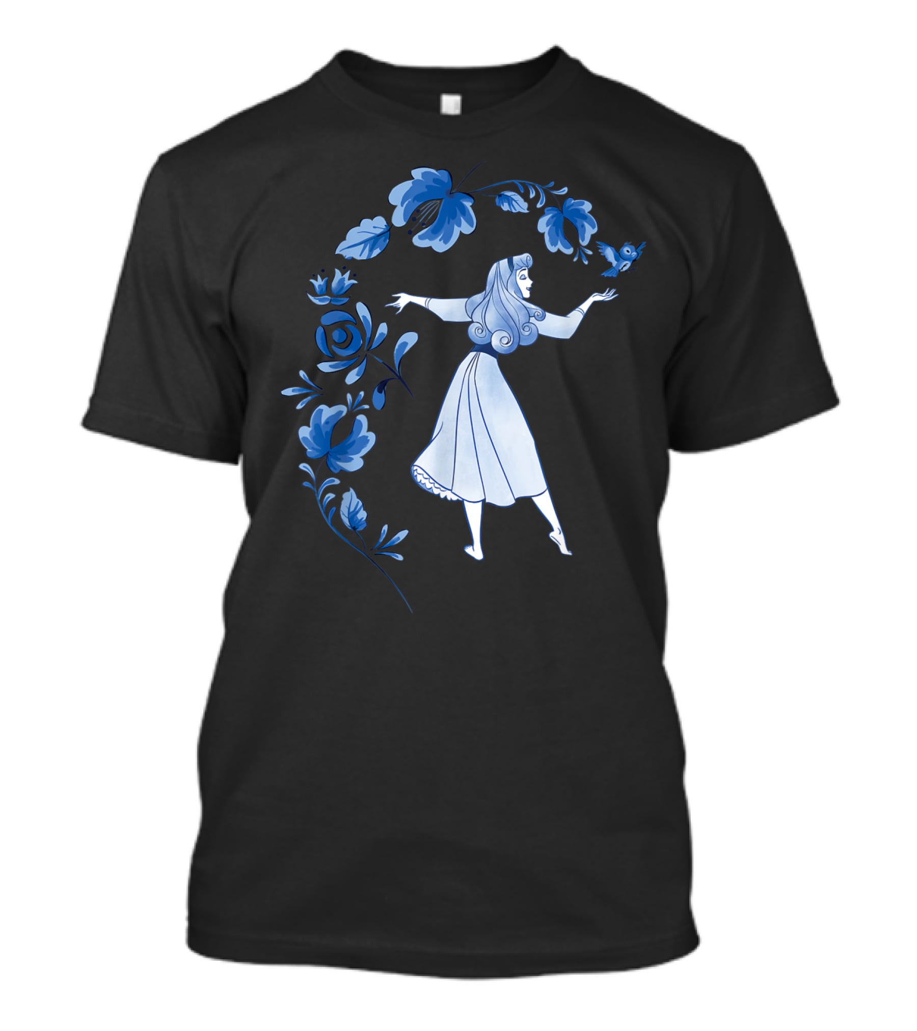 Disney Sleeping Beauty Princess Aurora With Blue Flowers And Bird T-Shirt