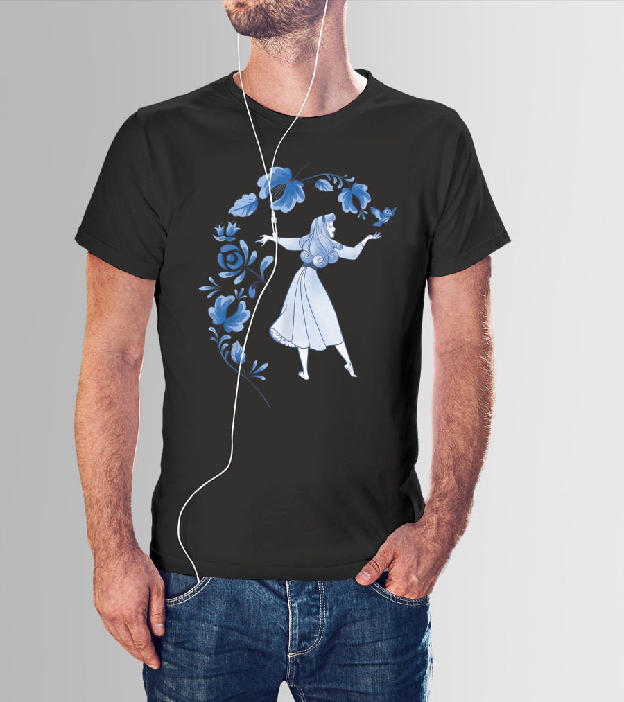 Disney Sleeping Beauty Princess Aurora With Blue Flowers And Bird T-Shirt