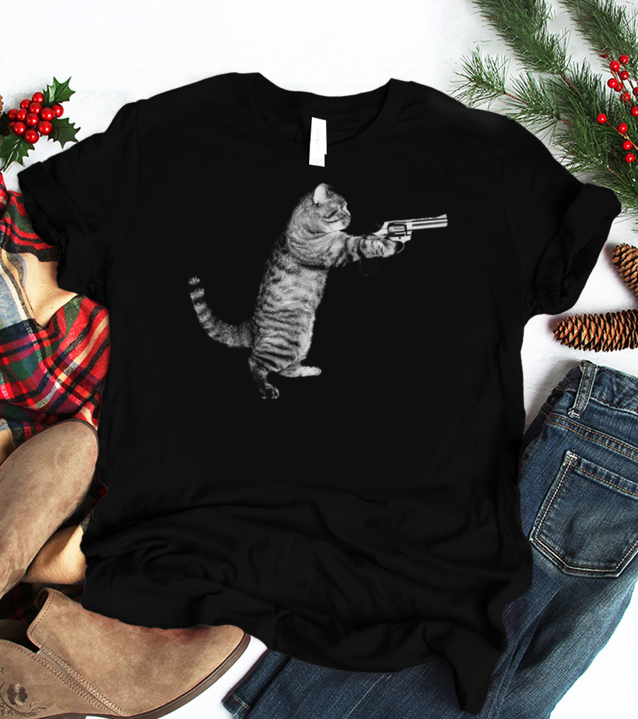 Gun Kitty Funny Cat Holding Revolver T-Shirt