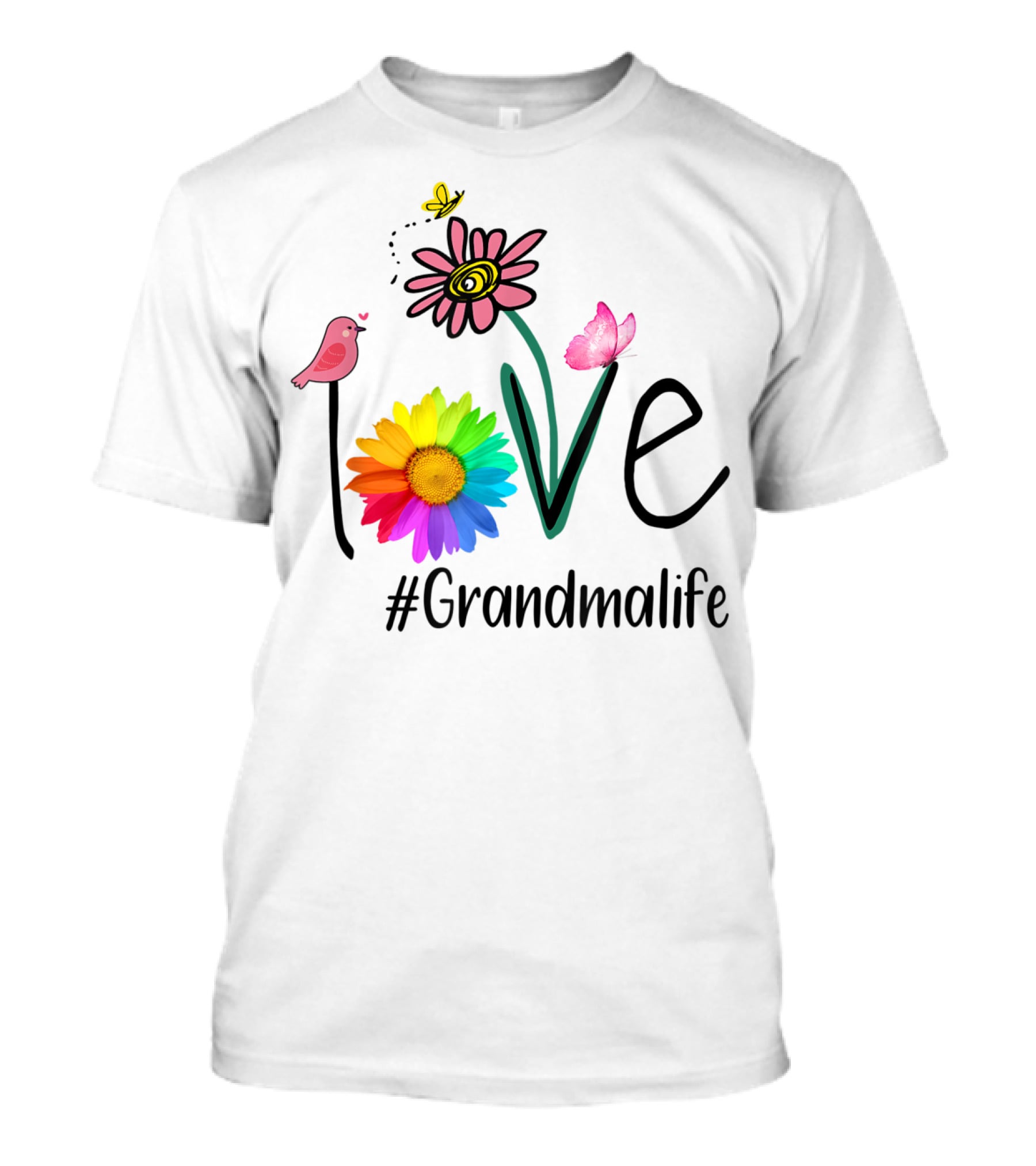 Love #Grandmalife Rainbow Heart Floral Bird Butterfly T-Shirt