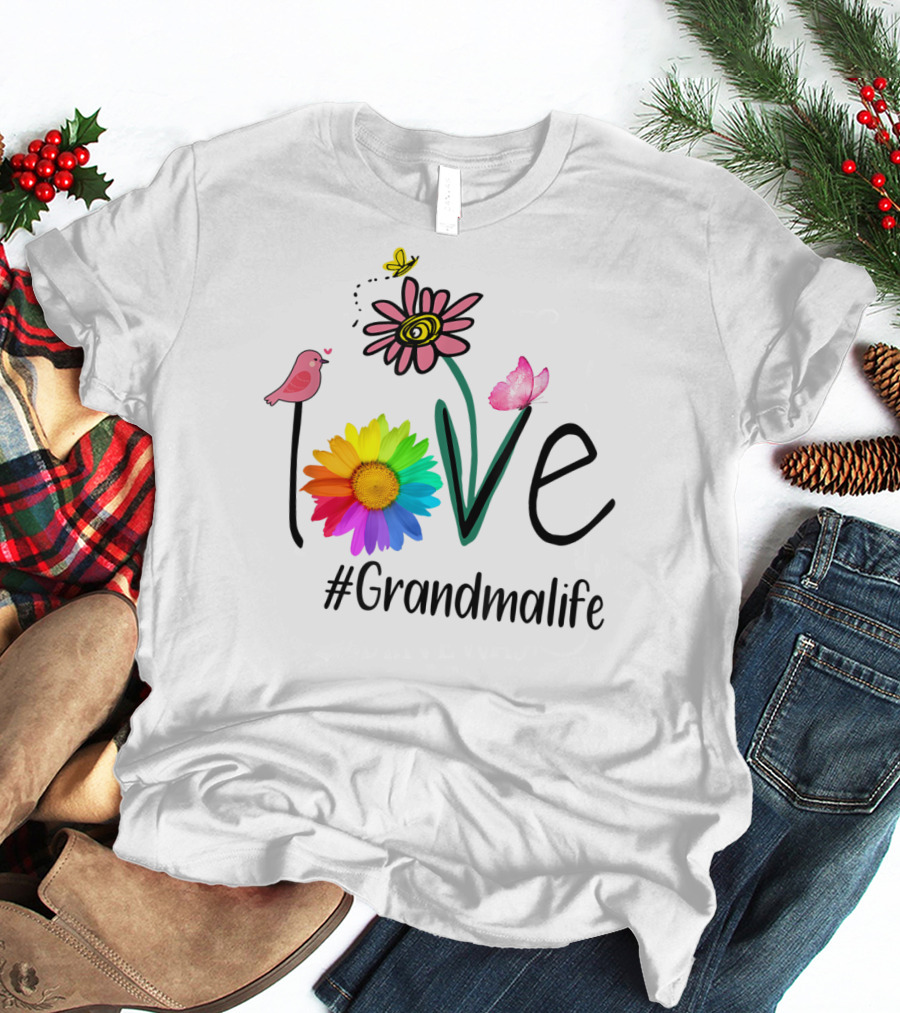 Love #Grandmalife Rainbow Heart Floral Bird Butterfly T-Shirt