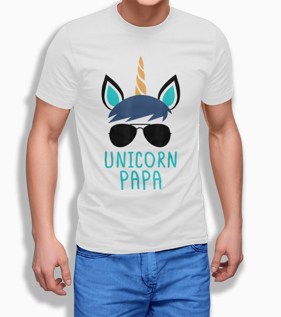 Unicorn Papa Sunglasses Blue Mane Horn Ears T-Shirt