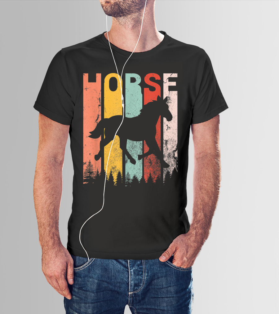 Vintage Style Horse Lover Silhouette With Colorful Stripes And Forest T-Shirt