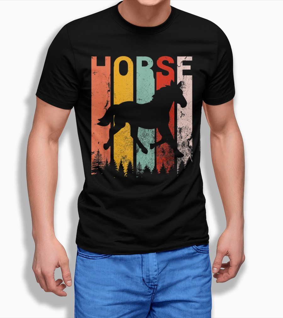 Vintage Style Horse Lover Silhouette With Colorful Stripes And Forest T-Shirt