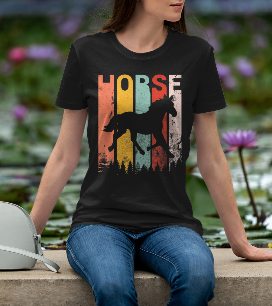Vintage Style Horse Lover Silhouette With Colorful Stripes And Forest T-Shirt