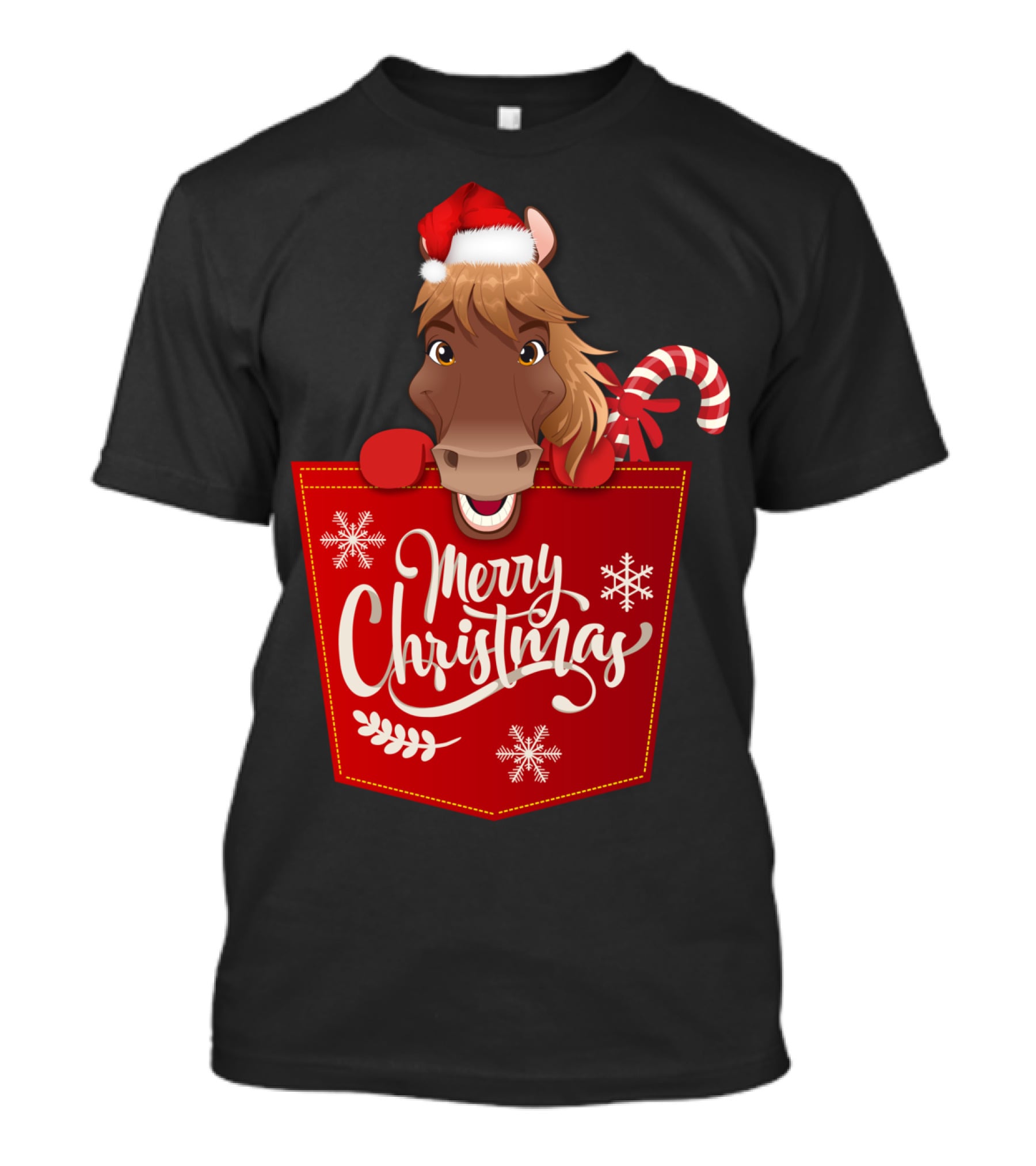 Funny Horse In Santa Hat With Candy Cane Merry Christmas Crewneck T-Shirt