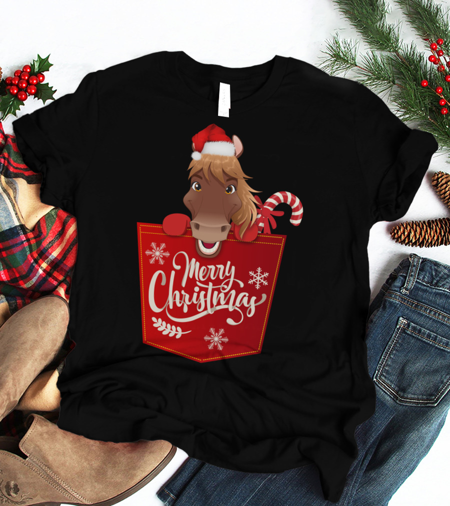 Funny Horse In Santa Hat With Candy Cane Merry Christmas Crewneck T-Shirt