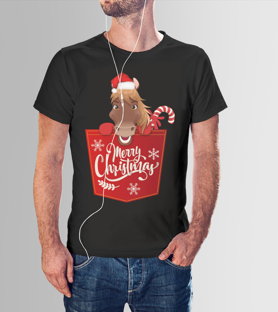 Funny Horse In Santa Hat With Candy Cane Merry Christmas Crewneck T-Shirt