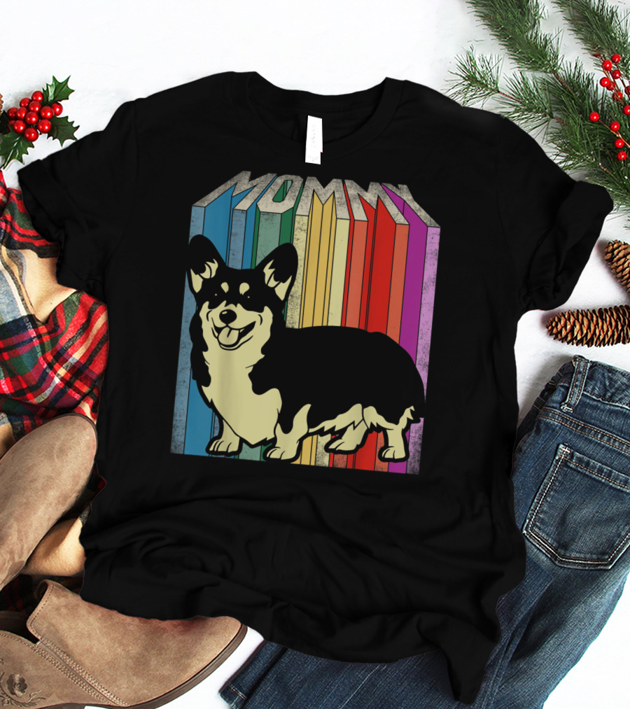 MOMMY Corgi Dog Vintage Rainbow Stripes T-Shirt