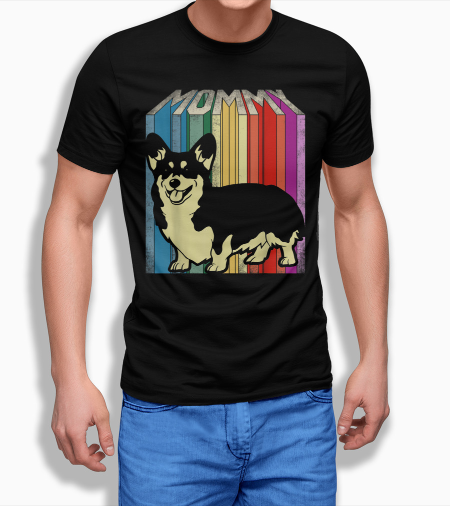 MOMMY Corgi Dog Vintage Rainbow Stripes T-Shirt
