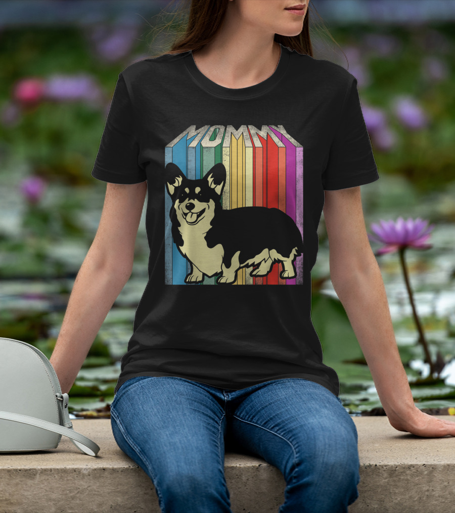 MOMMY Corgi Dog Vintage Rainbow Stripes T-Shirt