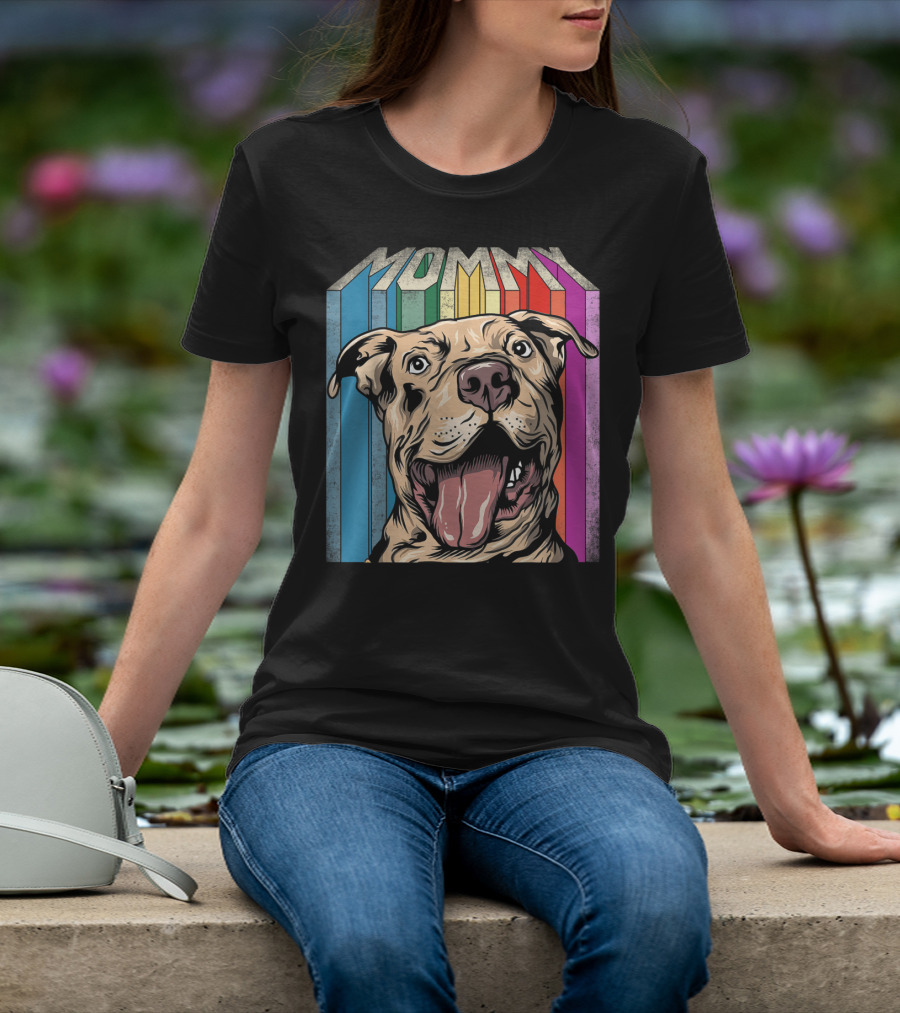 Mommy Pitbull Dog Retro Colorful Stripes T-Shirt