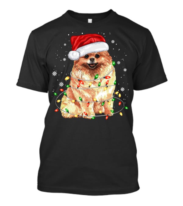 Pomeranian In Santa Hat With Christmas Lights And Snowflakes T-Shirt