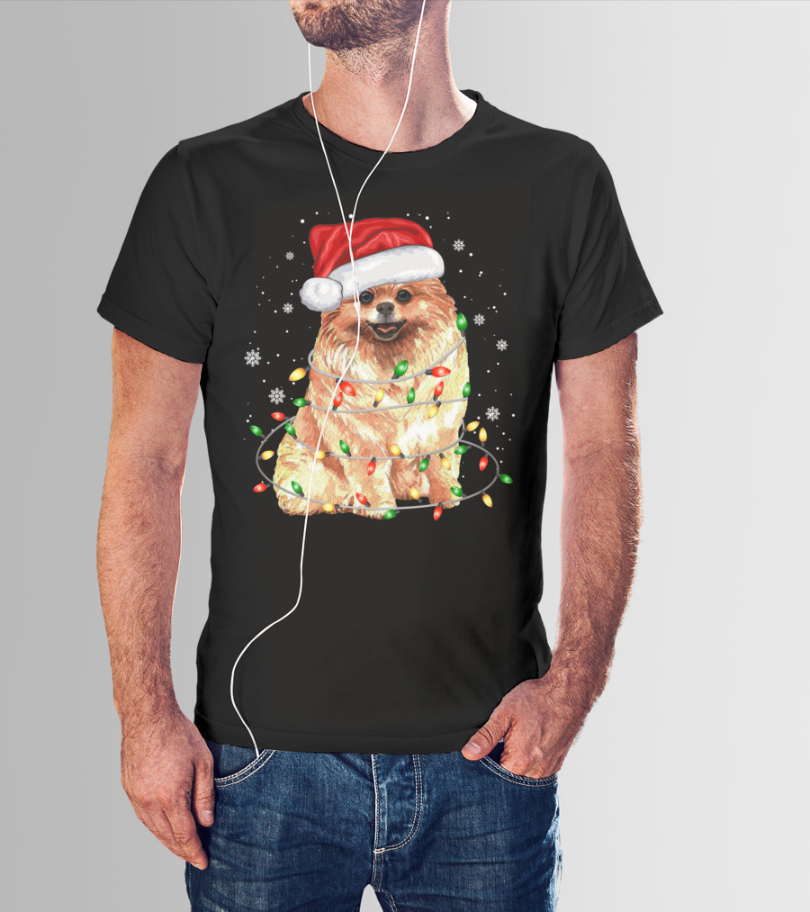 Pomeranian In Santa Hat With Christmas Lights And Snowflakes T-Shirt