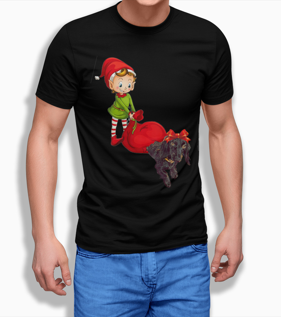 Kids Elf with Red Gift Sack and Black Dog in Santa Hat T-Shirt