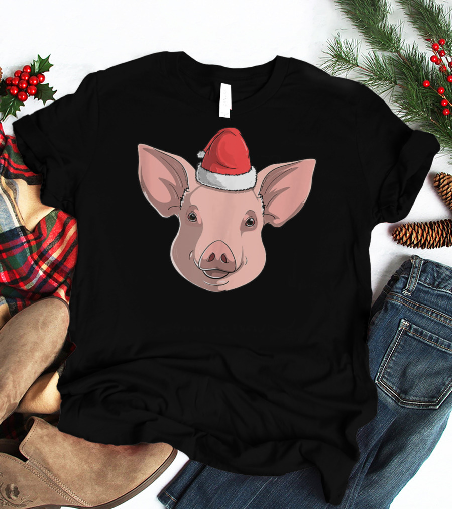Pig Wearing Santa Claus Hat Christmas Holiday T-Shirt