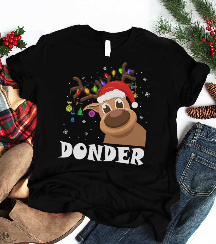 Santa Reindeer Donder Xmas Lights And Ornaments T-Shirt