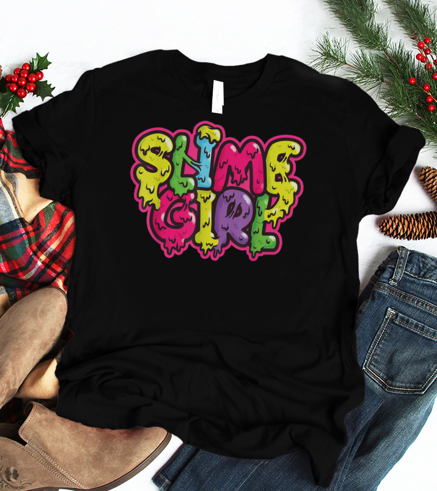 Slime Girl Birthday Party Queen Colorful Dripping Text T-Shirt