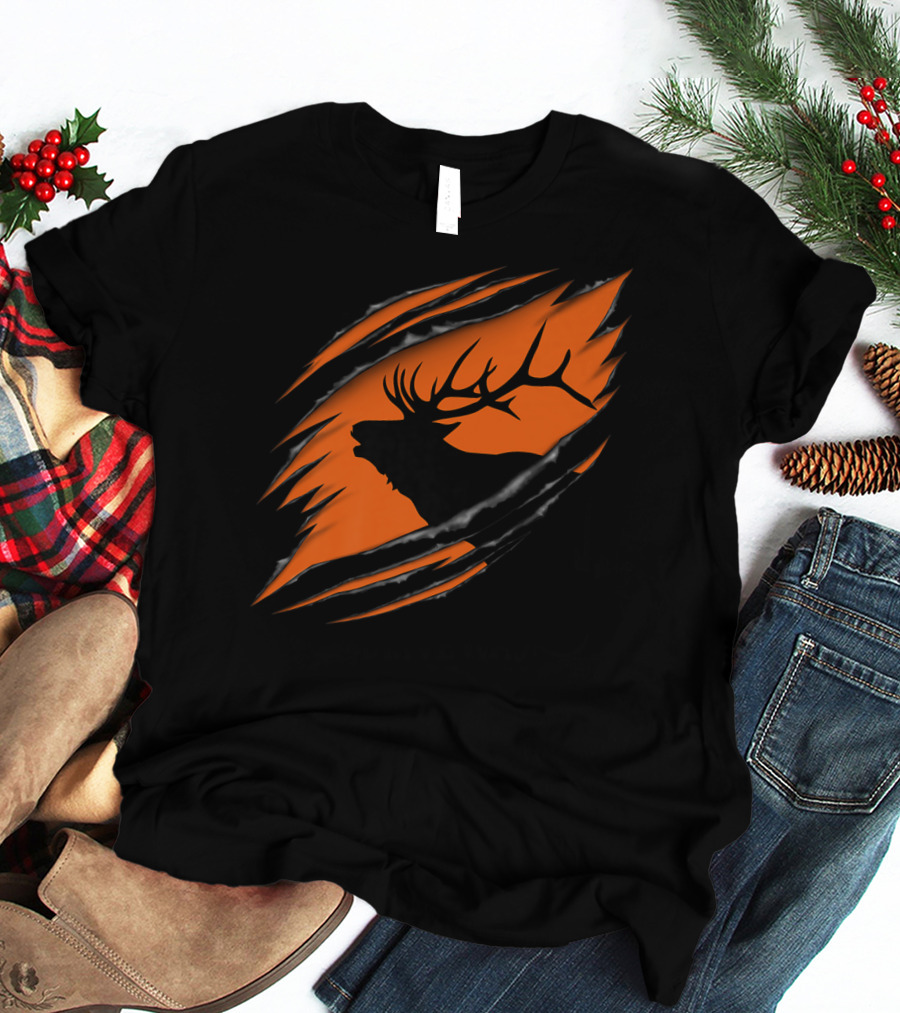 Elk Hunting Silhouette With Tear Marks On Orange T-Shirt