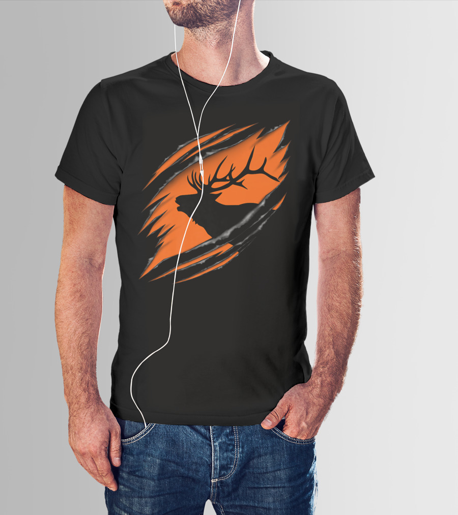 Elk Hunting Silhouette With Tear Marks On Orange T-Shirt