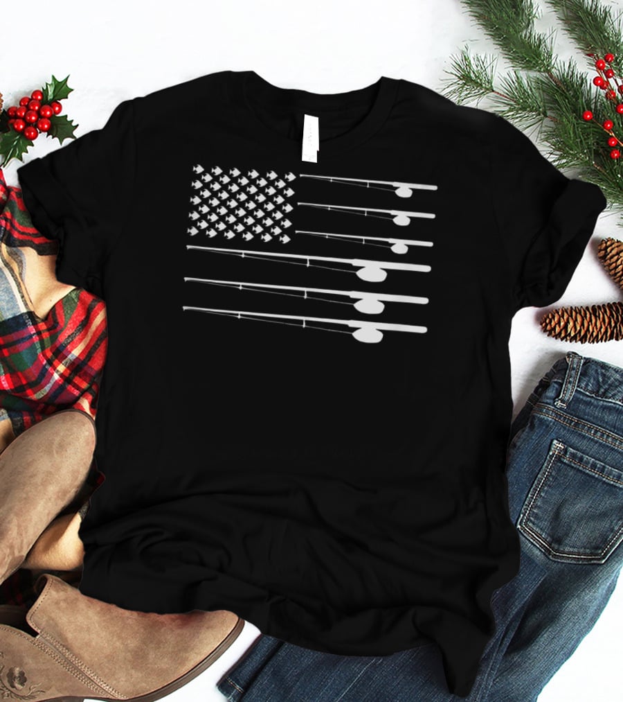 FLY ROD FISHING American Flag Fishersman T-Shirt