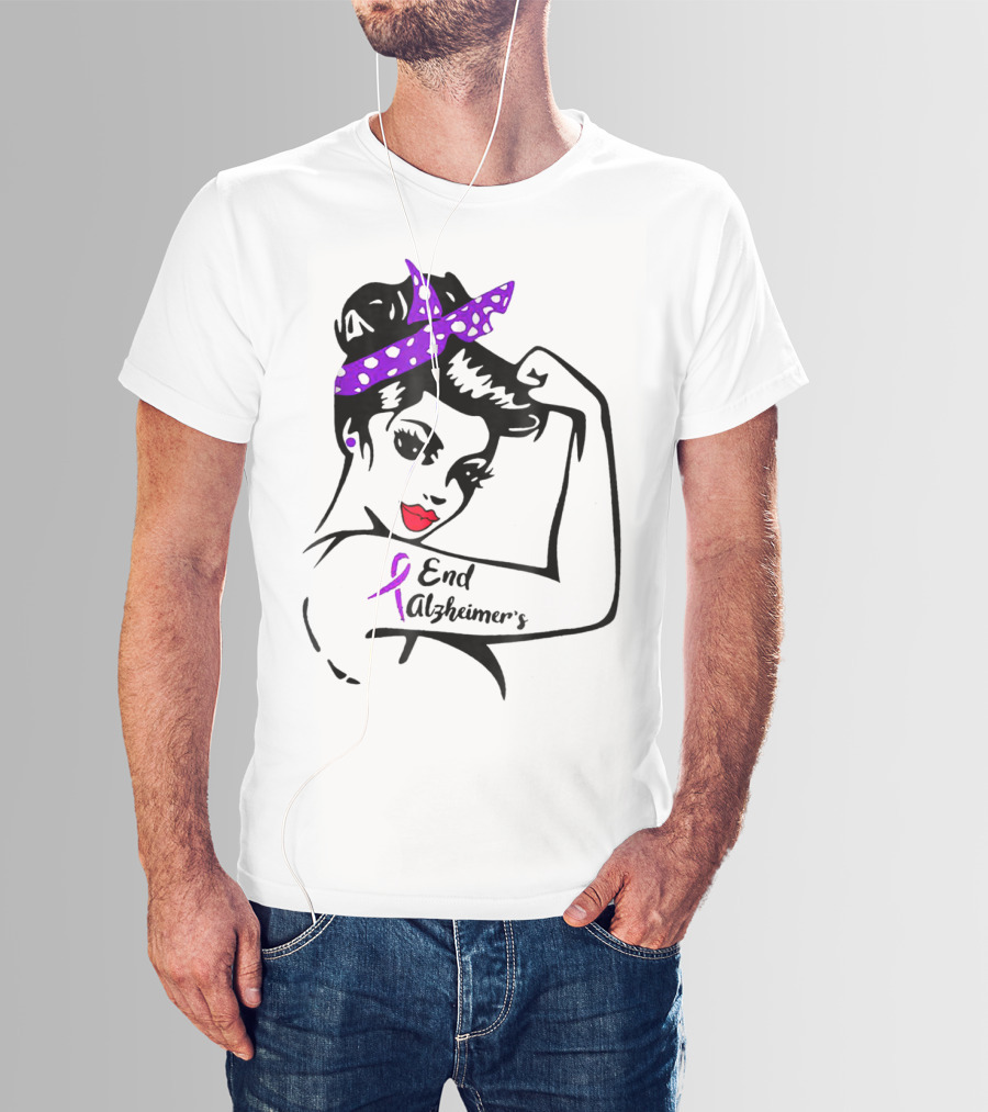 Strong Woman End Alzheimer's Awareness Purple Ribbon Rosie The Riveter T-Shirt