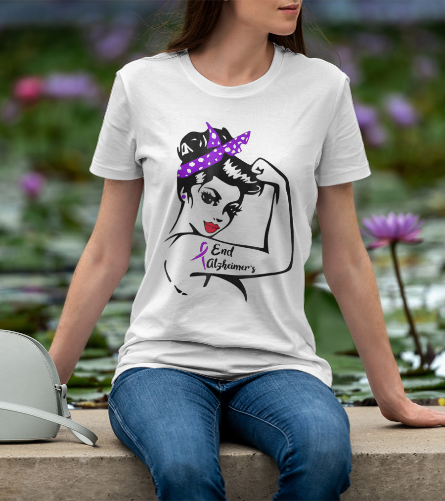 Strong Woman End Alzheimer's Awareness Purple Ribbon Rosie The Riveter T-Shirt
