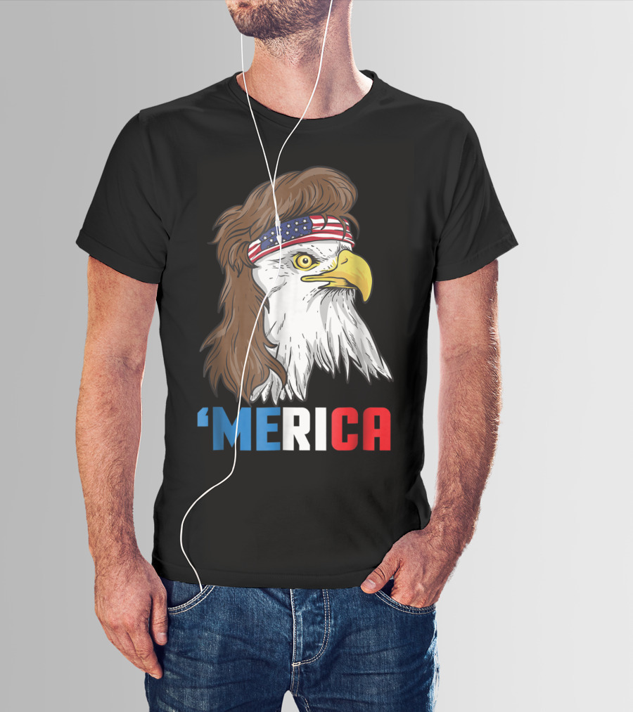 'Merica Patriotic Mullet Eagle With American Flag Headband T-Shirt