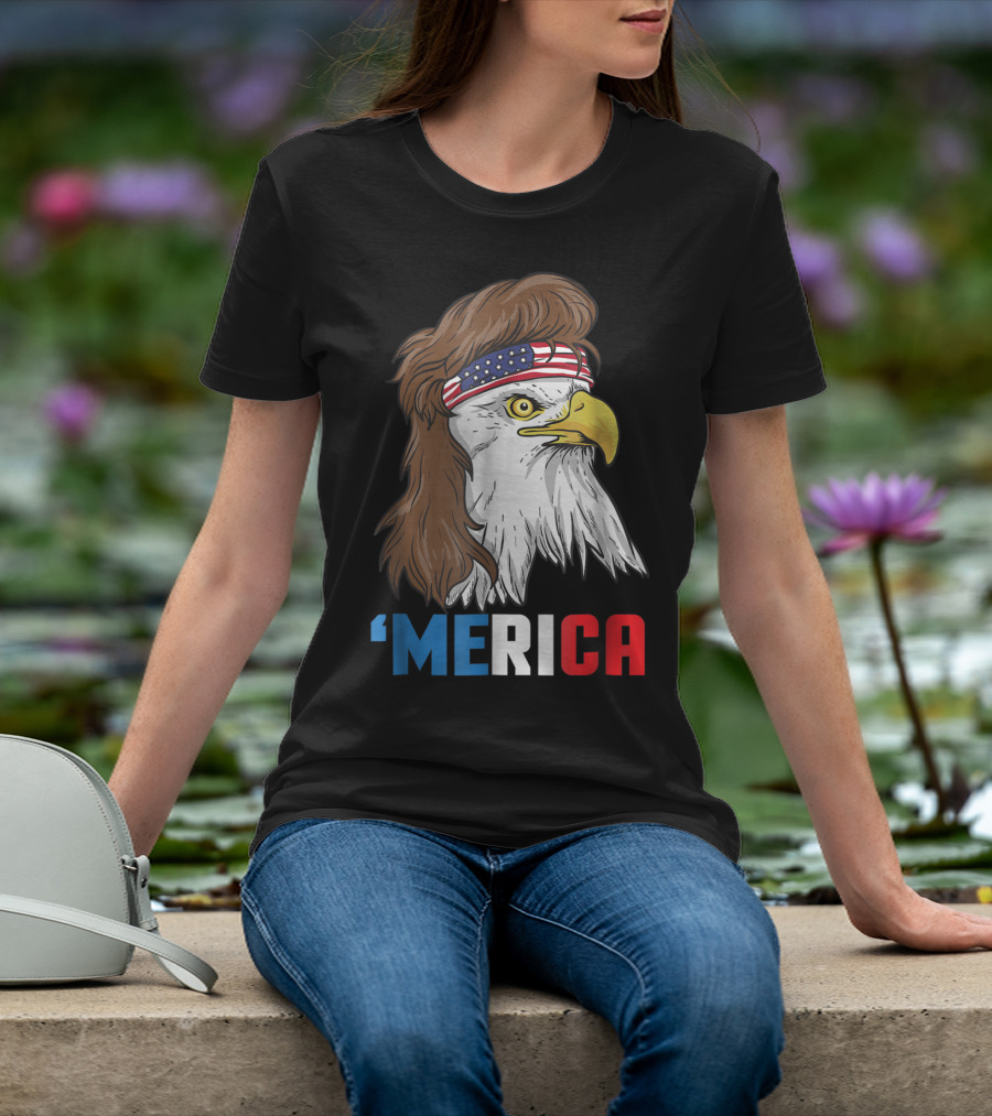 'Merica Patriotic Mullet Eagle With American Flag Headband T-Shirt