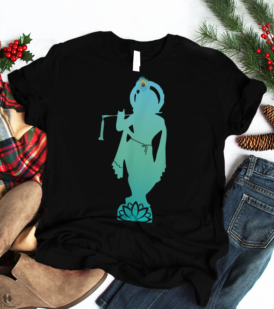 Divine Glory Lord Krishna Flute Silhouette With Peacock Feather And Lotus T-Shirt