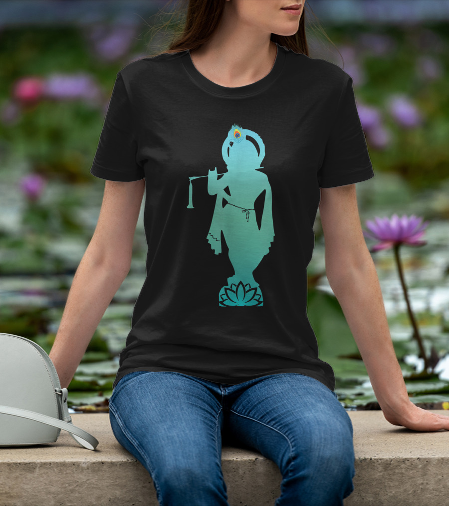 Divine Glory Lord Krishna Flute Silhouette With Peacock Feather And Lotus T-Shirt
