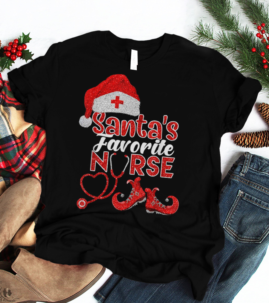 Santa's Favorite Nurse Heart Stethoscope Elf Shoes Merry Xmas Party T-Shirt