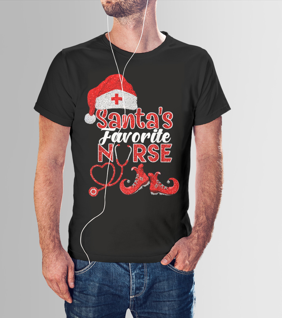 Santa's Favorite Nurse Heart Stethoscope Elf Shoes Merry Xmas Party T-Shirt