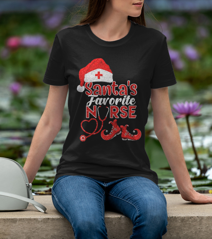 Santa's Favorite Nurse Heart Stethoscope Elf Shoes Merry Xmas Party T-Shirt