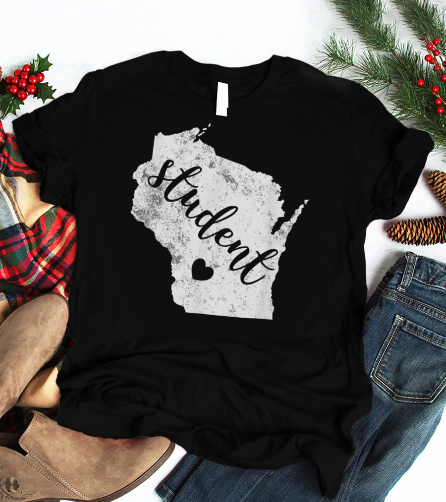 Student Red For Ed Wisconsin Public Education Map Heart T-Shirt