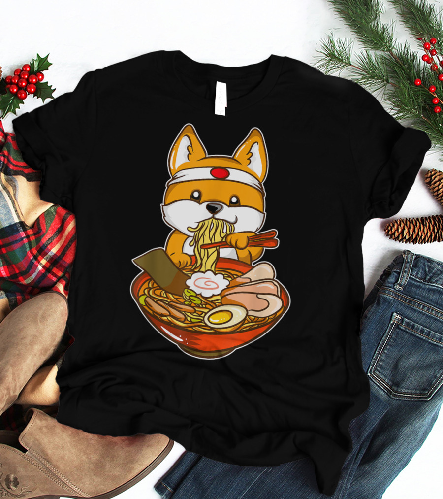 Kawaii Japanese Anime Shiba Inu Enjoying Ramen Bowl T-Shirt