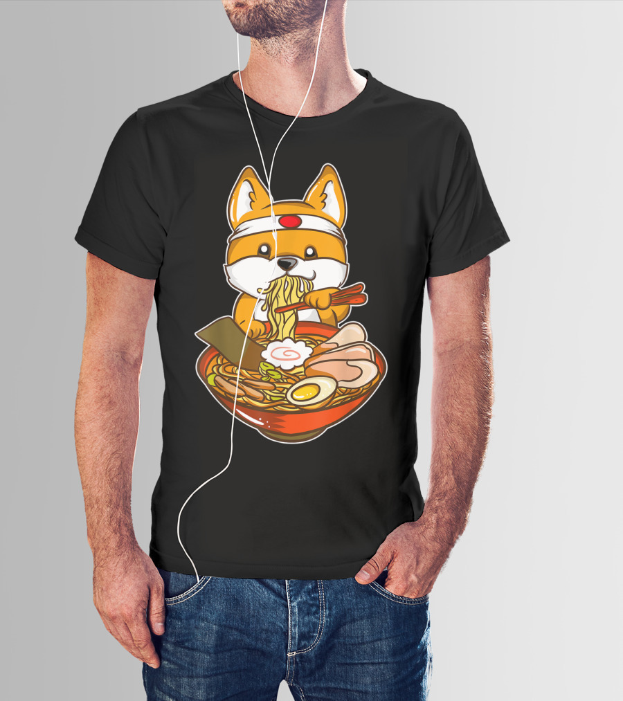 Kawaii Japanese Anime Shiba Inu Enjoying Ramen Bowl T-Shirt