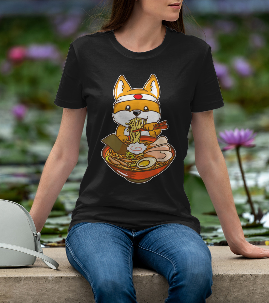 Kawaii Japanese Anime Shiba Inu Enjoying Ramen Bowl T-Shirt
