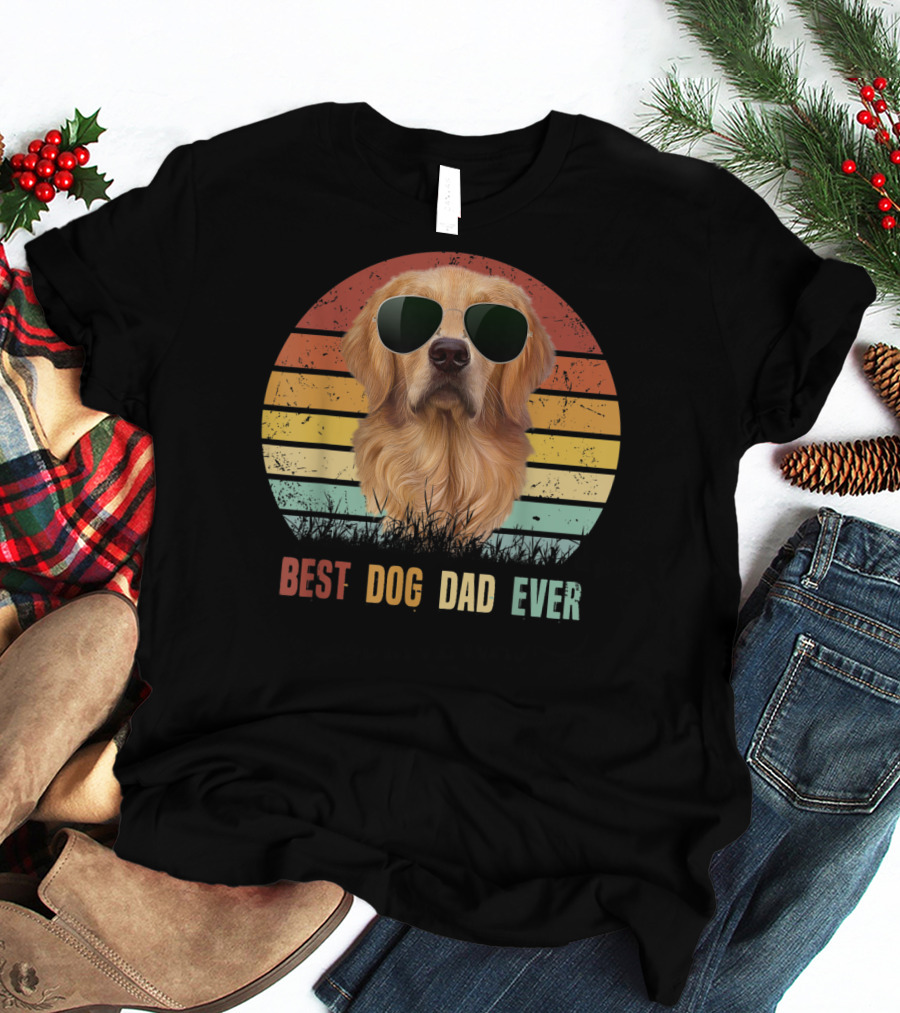Best Dog Dad Ever Golden Retriever Vintage Sunglasses T-Shirt
