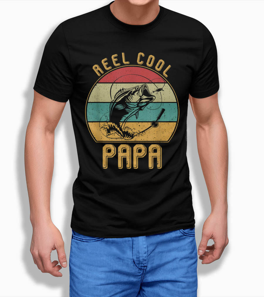 Reel Cool Papa Fishing Father's Day Retro Striped T-Shirt