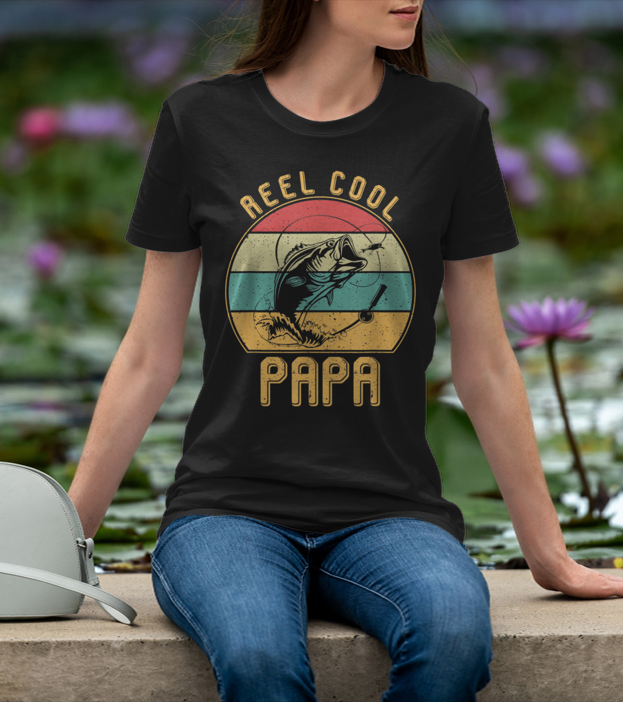 Reel Cool Papa Fishing Father's Day Retro Striped T-Shirt