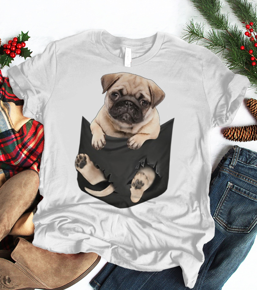 Pug Peeking Out Of Pocket With Paws Poking Through T-Shirt