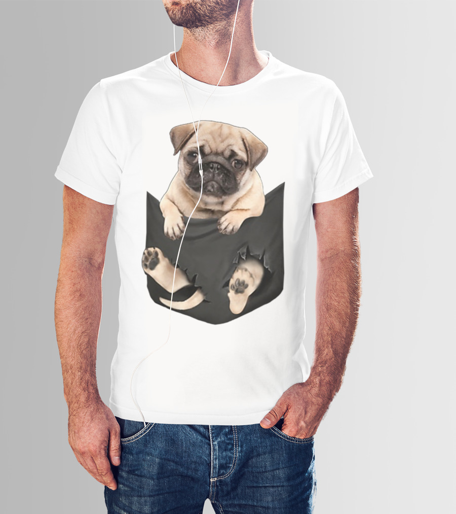 Pug Peeking Out Of Pocket With Paws Poking Through T-Shirt