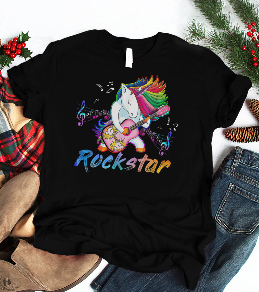 Unicorn Rockstar Rainbow Guitar Music Notes T-Shirt