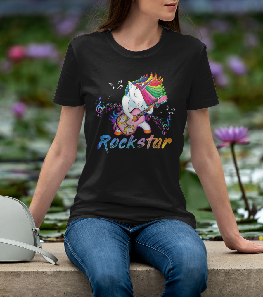 Unicorn Rockstar Rainbow Guitar Music Notes T-Shirt
