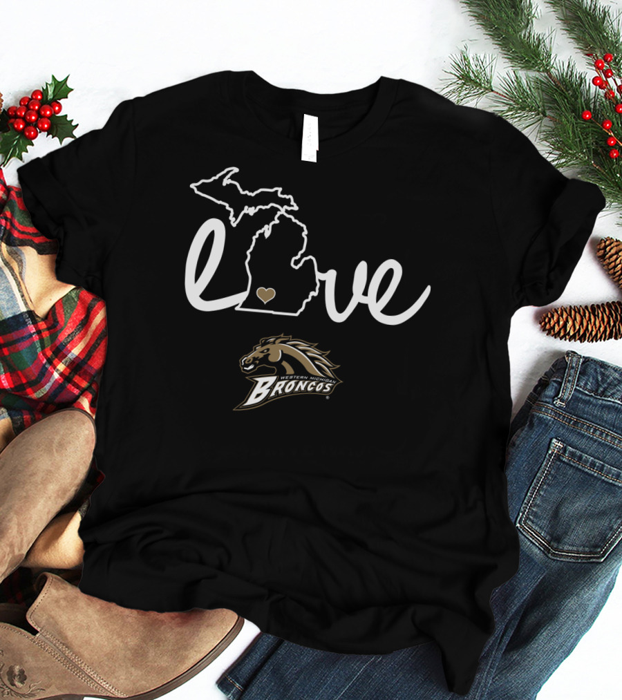 Western Michigan Broncos Love Michigan Map Heart T-Shirt
